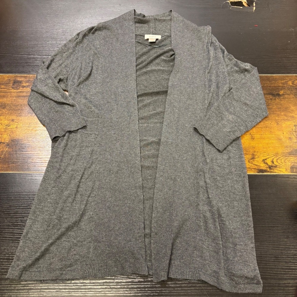 Loft Ann Taylor Womens Gray Open Front Cardigan Ribbed Waist Sweater Size S